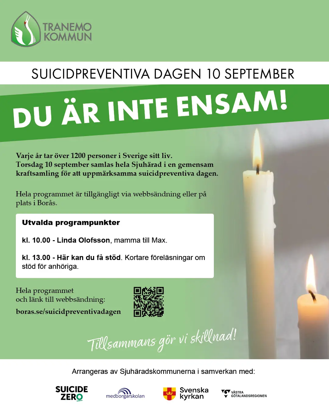 Affisch i gröna färger och två tända stearinljus med programpunkter för Suicidpreventiva dagen 2026.