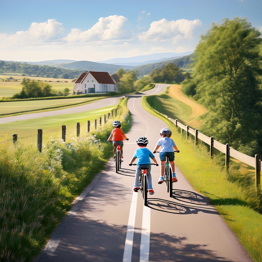 AI-genererad bild på tre barn som cyklar på cykelväg jämte landsväg. Blå himmel, grönt runtom, hus långt fram.