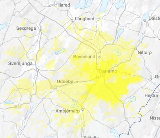 Gula fält på kartan visar var det just nu är störningar i telekommunikationen